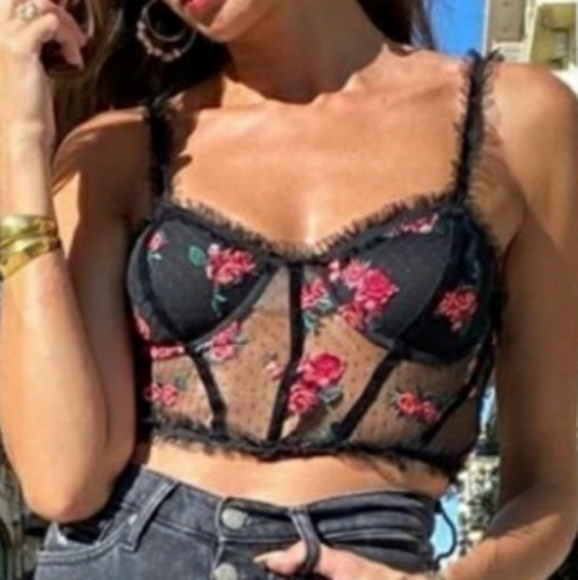 Sexy Black Lace Corset with Pink Flowers size S - Picture 2 of 5